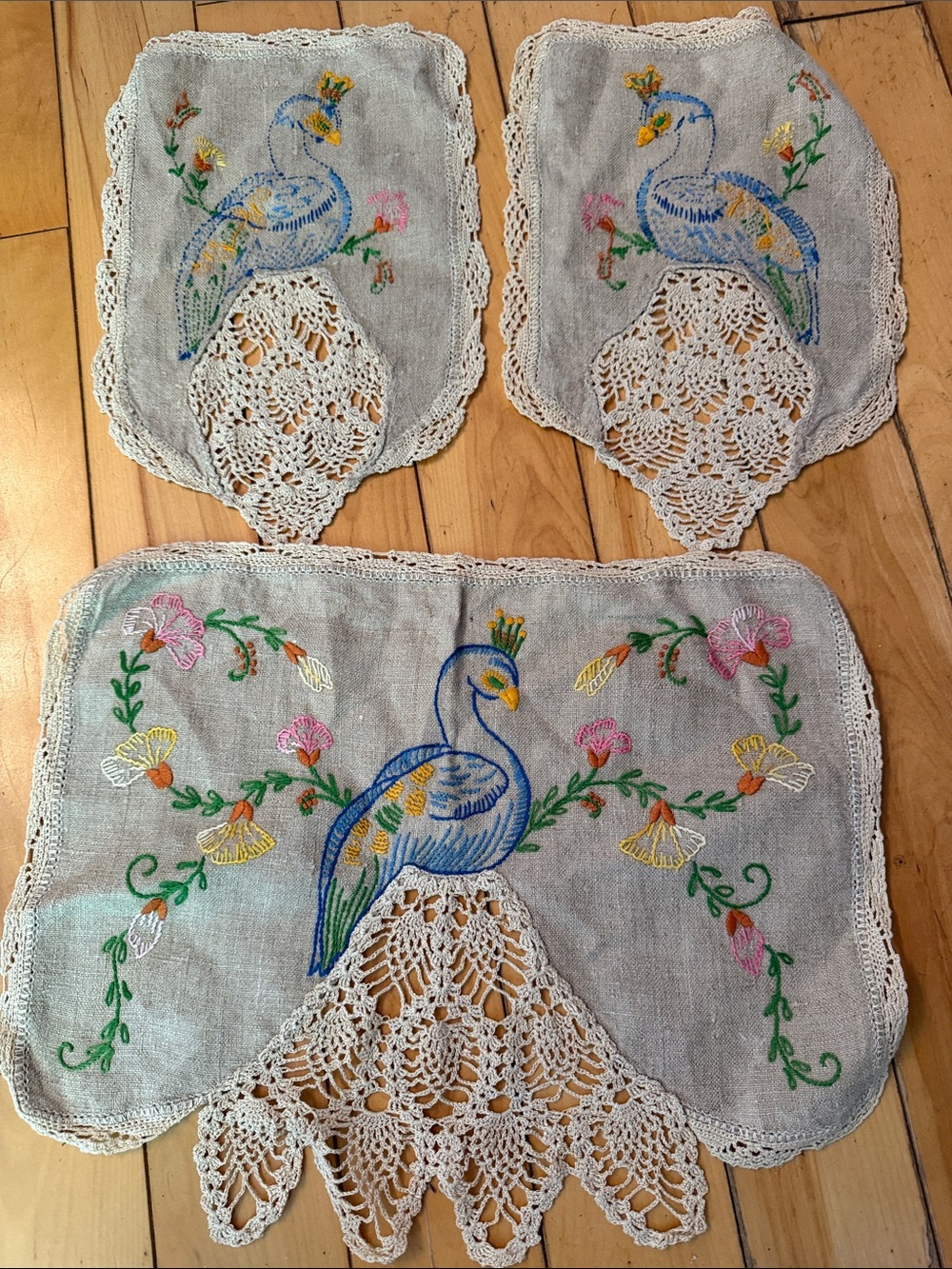 Embroidered Blue Peacock Linen Accent Set with Crochet Trim